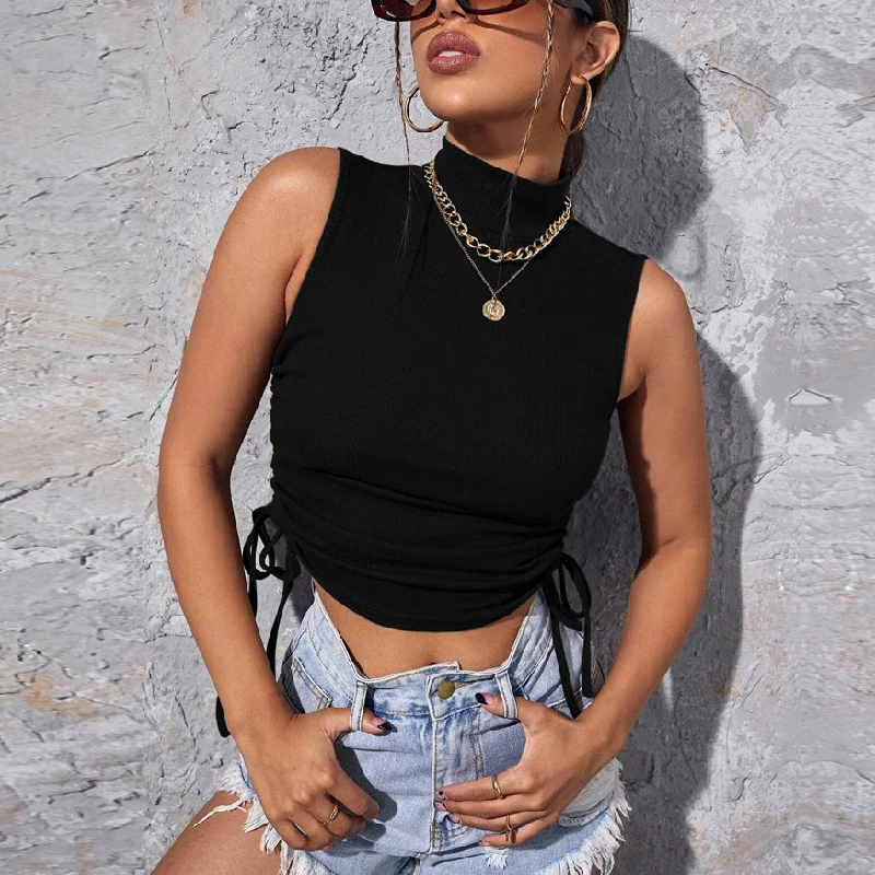 CroptophemDrawstring Design High Neck Sleeveless Knitted Wholesale Crop Tops